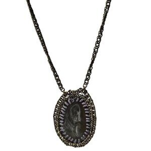 Vintage Marbled Stone Oval Pendant Necklace Braided Chain Fashion Jewelry Women